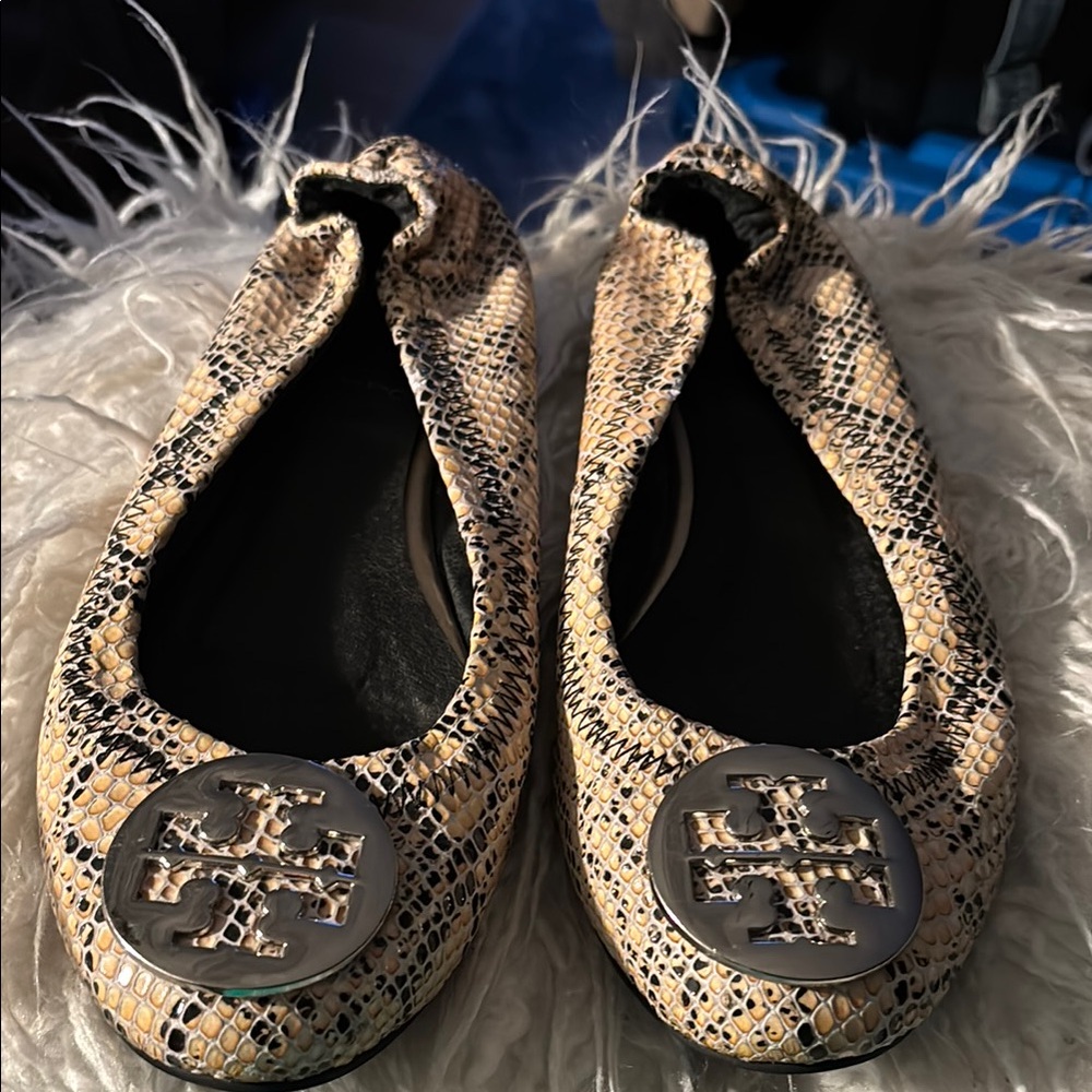 Tory Burch Black and Tan Flats with Medallion Logo